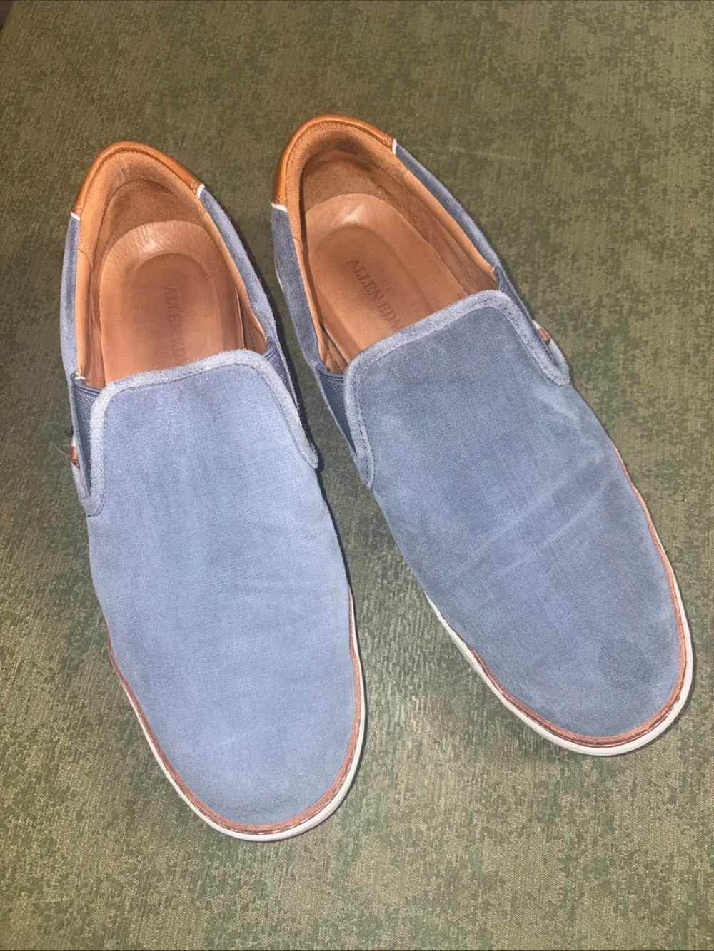 Allen Edmonds Light Blue Suede Slip-On Loafers with Tan Leather Trim